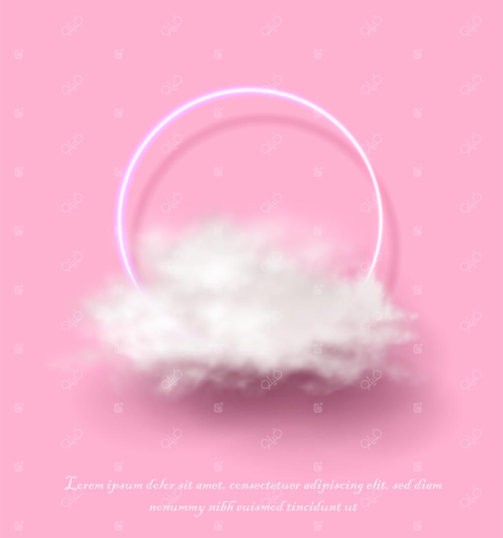 بنر وکتور واقع‌گرایانه با پس‌زمینه صورتی، دایره نئونی و ابر سفید