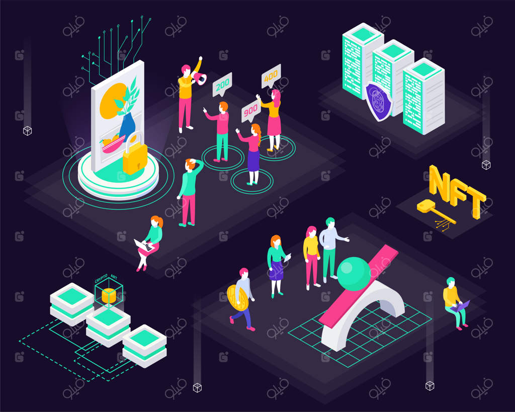 ترکیب ایزومتریک با شخصیت‌های انسانی از مزایده‌گران و نقاشی و سرورها