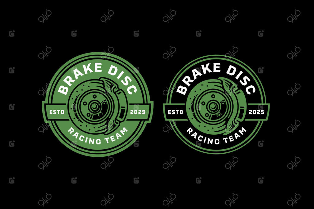 طراحی نشان و لوگوی دیسک ترمز برای تیم مسابقات خودرو. بسته لوگو و نشان سیستم ترمز خودرو کلاسیک برای گاراژ. طراحی برچسب و عناصر تصویری قطعات مکانیکی ترمز برای کارگاه.