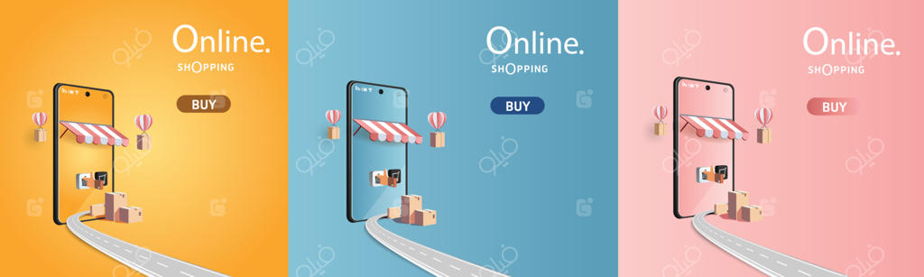 خرید آنلاین با تلفن همراه و هدیه‌های مرسوم بر روی پس‌زمینه‌ی صورتی مدرن.