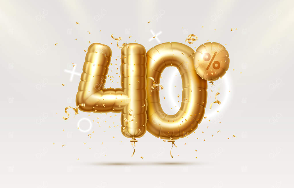 ترکیب خلاقانه تخفیف با نماد فروش طلایی و بادکنک‌های قلبی شکل جذاب