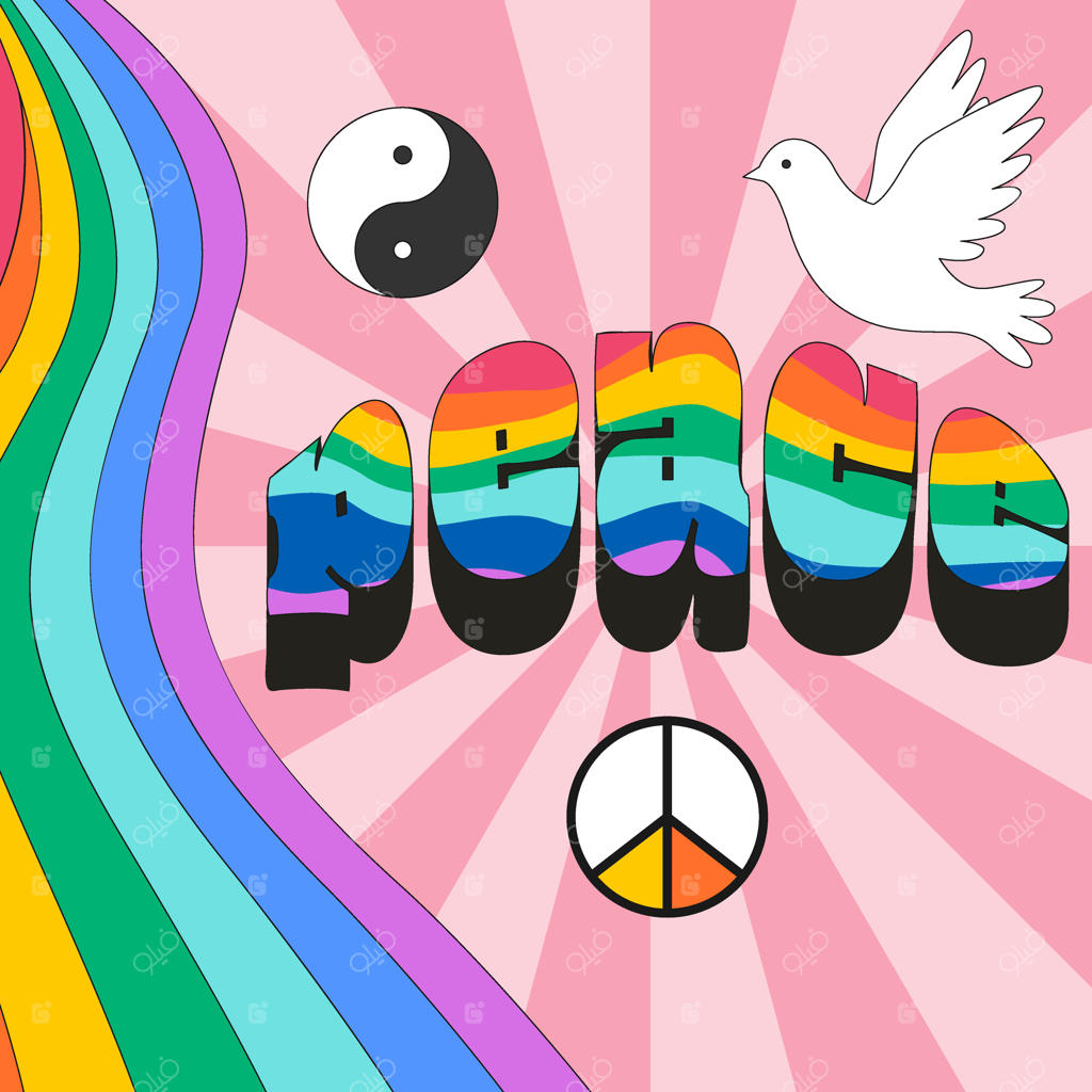 کارت رترو مربعی با عبارت تایپوگرافیک "صلح" و "امواج رنگین‌کمان" همراه با نماد کبوتر و عناصر نوستالژیک، پوستر وکتور بر روی زمینه صورتی با پرتوها