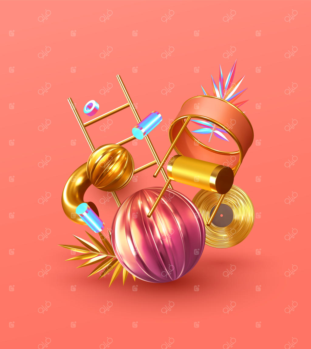 پس‌زمینه انتزاعی: طراحی مدرن و مینیمال با اشیاء سه‌بعدی واقع‌گرایانه. پوستر هنری وکتور.