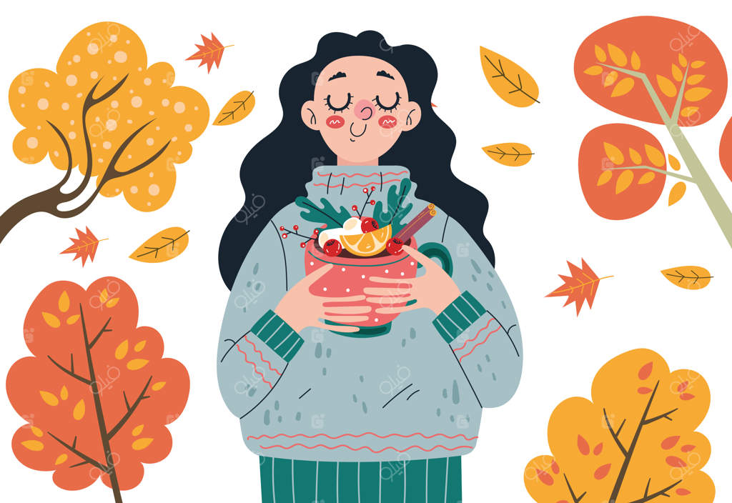 شخصیت زنانه در حال قدم زدن در پارک جنگلی پاییزی با نوشیدنی داغ - طراحی گرافیکی