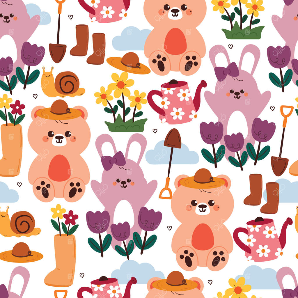 طرح یکپارچه کارتونی خرس و خرگوش بامزه با گل‌ها و وسایل باغ. پترن حیوانات ناز برای کاغذ دیواری و پس‌زمینه