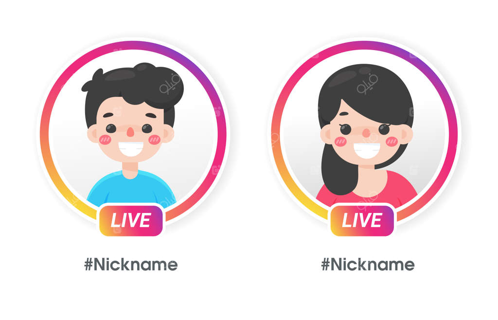 شخصیت کارتونی مرد و زن با قاب پروفایل دایره‌ای گرادینت برای پخش زنده در شبکه‌های اجتماعی.