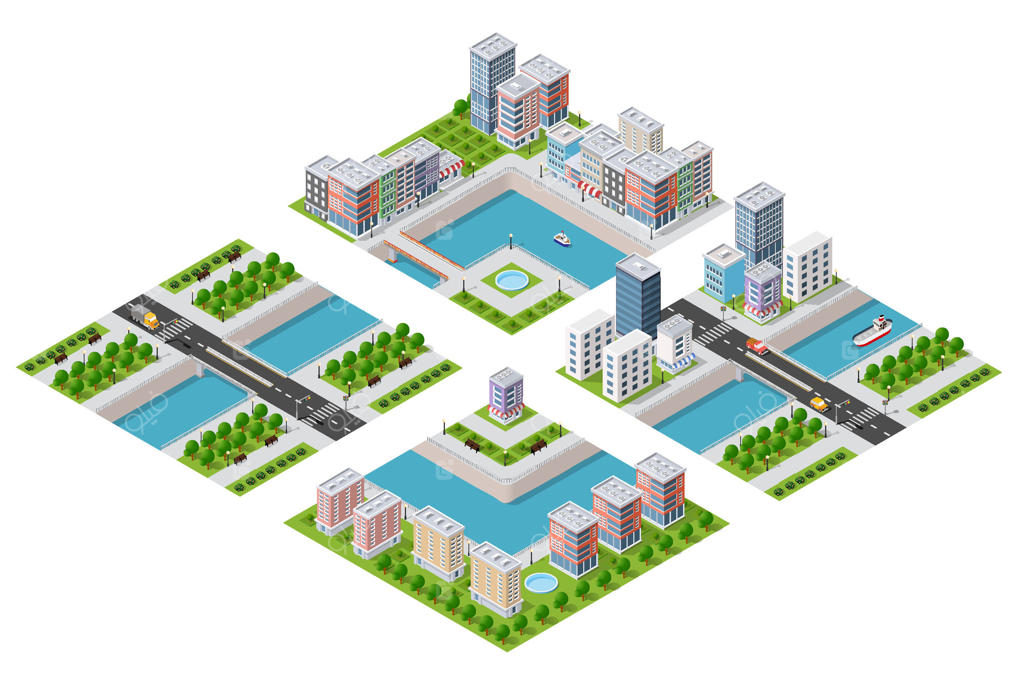 تصویرسازی سه بعدی و ایزومتریک از نمای بالای کلان‌شهر، زیرساخت‌های شهری، خیابان‌های مدرن و معماری ساختمان‌های متنوع