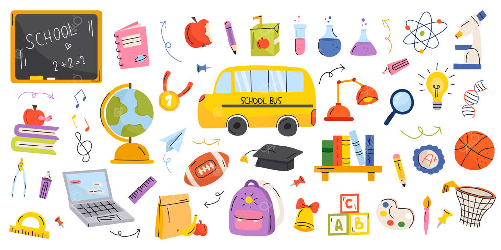 عناصر آموزش مدرسه: کلیپ آرت بازگشت به مدرسه با لوازم علمی و ورزشی