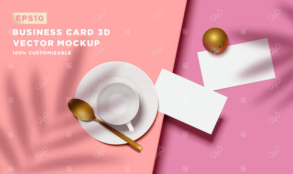 کارت ویزیت سه‌بعدی با نمای بالا، همراه با قاشق و فنجان