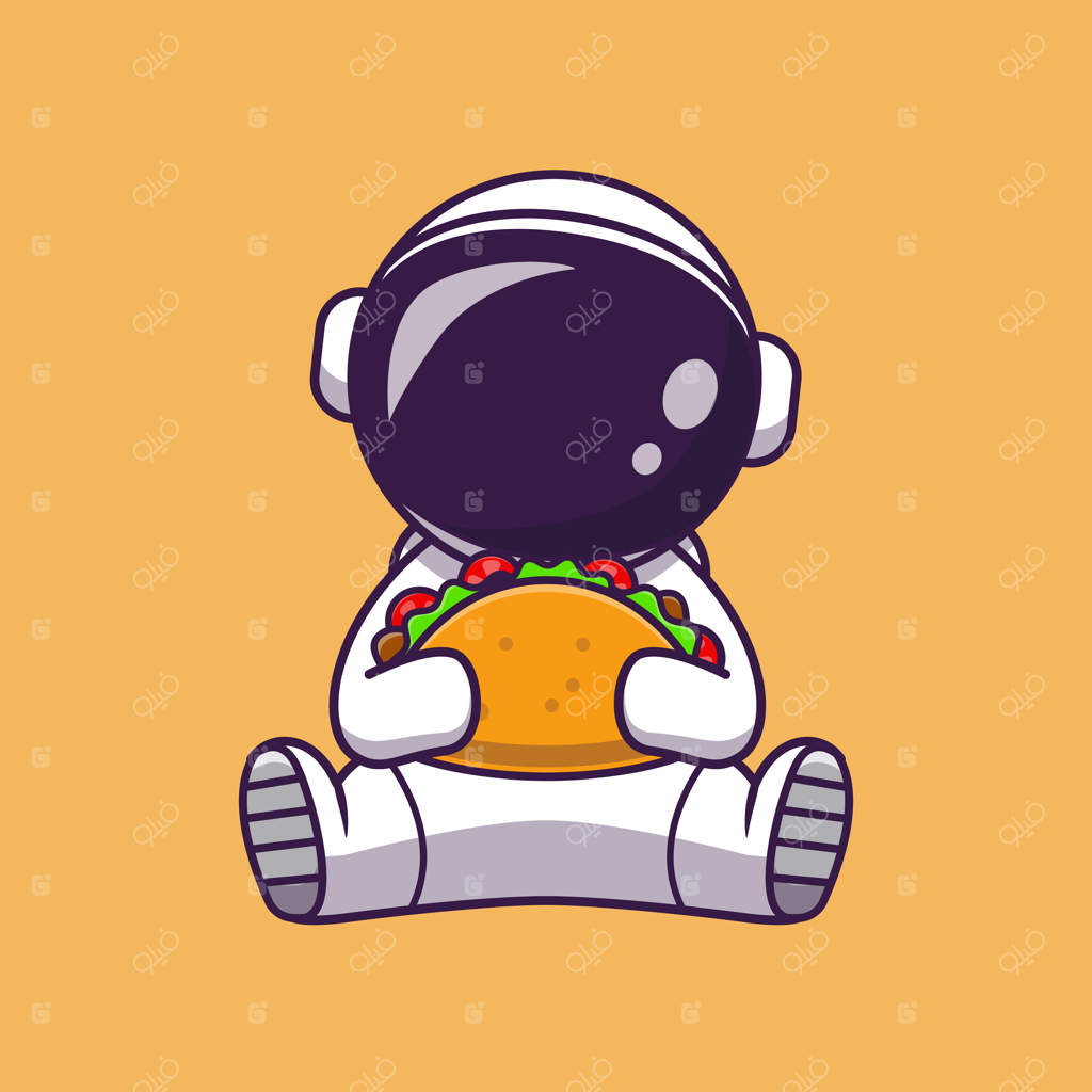 تصویر وکتوری کاریکاتور فضانورد در حال خوردن تاکو. مفهوم آیکون غذای علمی. وکتور با کیفیت بالا. سبک کارتونی تخت.