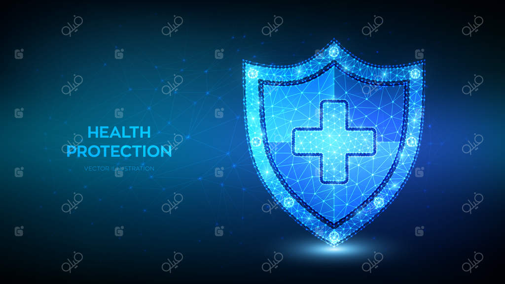 سپر محافظت سلامت با علامت صلیب: نماد بیمه سلامت، پزشکی و زندگی به صورت چندضلعی کم‌هزینه.