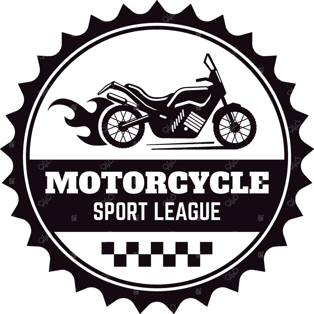 لوگو دایره‌ای سیاه و سفید برای لیگ موتورسواران، شامل موتور مسابقه‌ای با شعله‌ها و پرچم شطرنجی