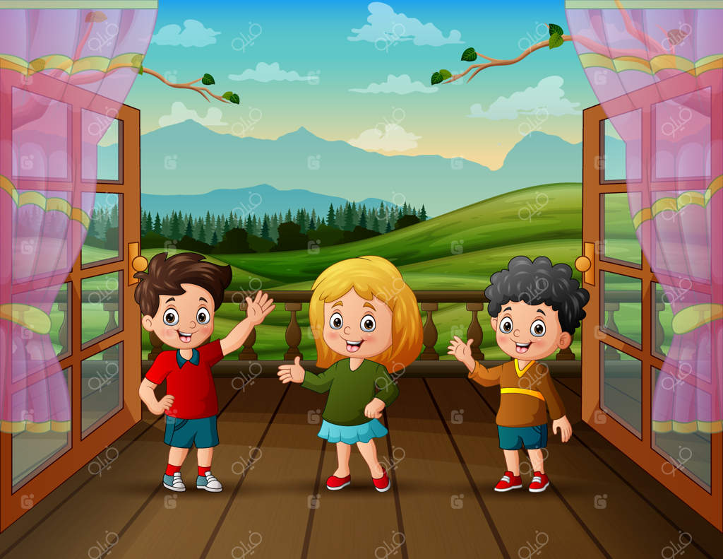 بچه‌های زیبا در تراس خانه با منظره‌ای دل‌انگیز