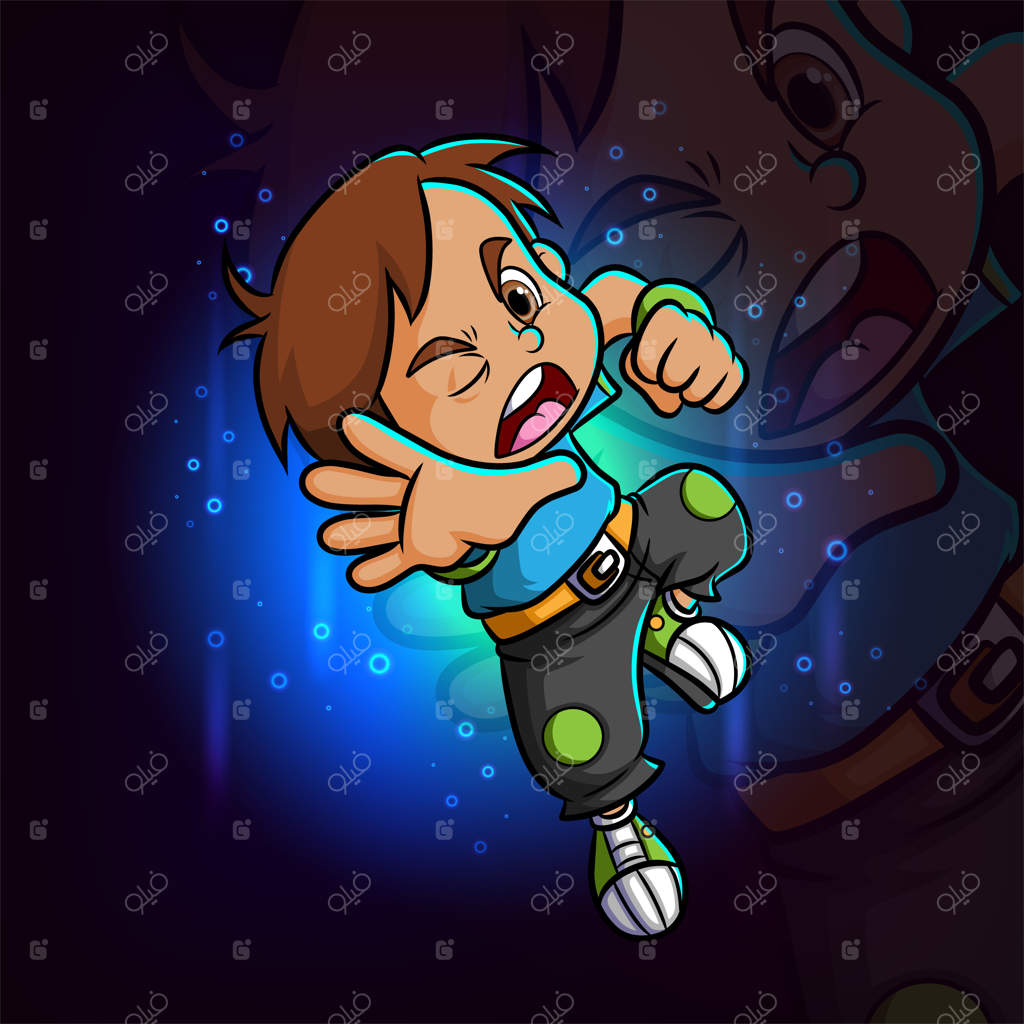 پسر قوی در حال حمله و مشت زدن - طراحی لوگوی ماسکوت ورزش‌های الکترونیکی