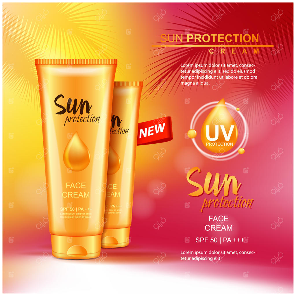 محصولات آرایشی ضد آفتاب: تصویرسازی برای مجله و قالب تبلیغاتی کرم‌ها