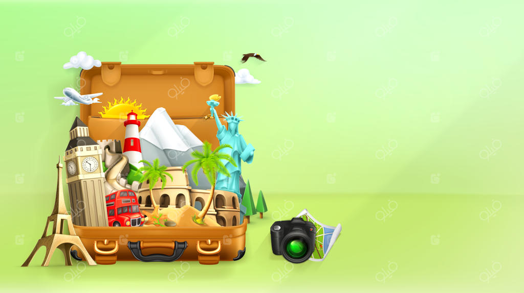 تصویری از سفر با عناصر مختلف در چمدان