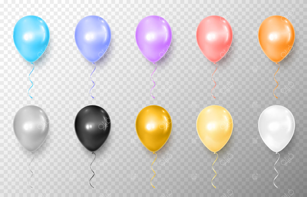 تصویرسازی بادکنک‌ها در رنگ‌های نارنجی، رز، بنفش، آبی، مشکی، نقره‌ای، طلایی، زرد و سفید به‌صورت واقع‌گرایانه