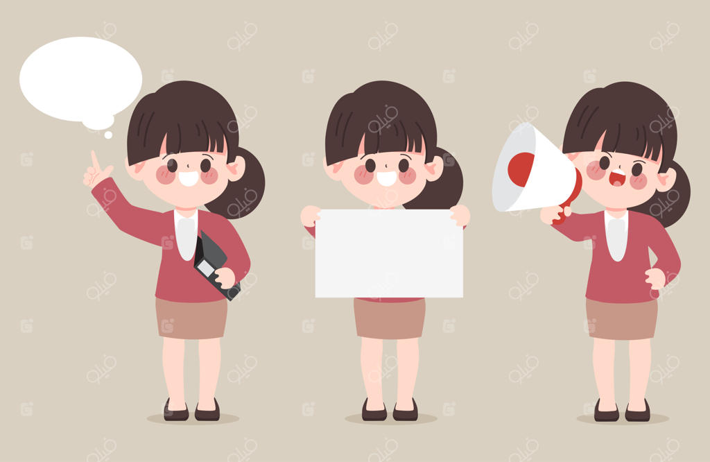 زن کاریکاتوری شاغل در محیط کار، طراحی شده با دست. طراحی شخصیت‌ها به صورت ساده و کارتونی.