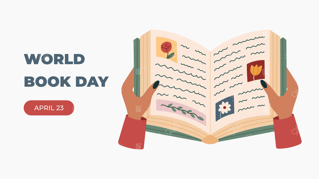 بنر افقی مینیمالیستی برای روز جهانی کتاب با تصویر کارتونی کتاب باز در دستان زنانه، شامل پاراگراف‌ها و تصاویر. پوستر ساده و جذاب برای شبکه‌های اجتماعی یا پس‌زمینه وب‌سایت با کلیپ‌آرت خواندن.