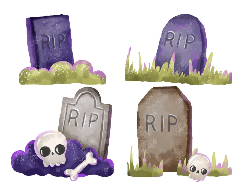 مجموعه قبرهای کارتونی با سنگ قبر و جمجمه، تصویرسازی گورستان