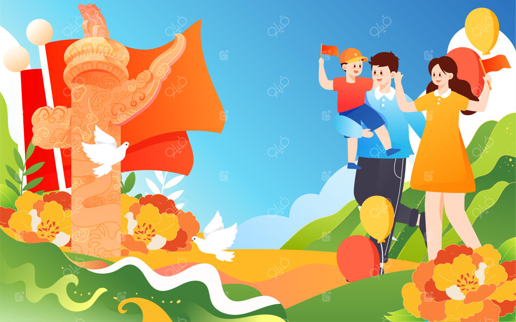 سفر خانوادگی برای جشن تولد میهن با ساختمان‌ها و پرچم‌ها در پس‌زمینه