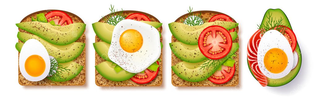 مجموعه بزرگ نان تست با برش‌های آووکادوی تازه، ادویه، شوید، گوجه‌فرنگی، نیمرو و ماهی سالمون