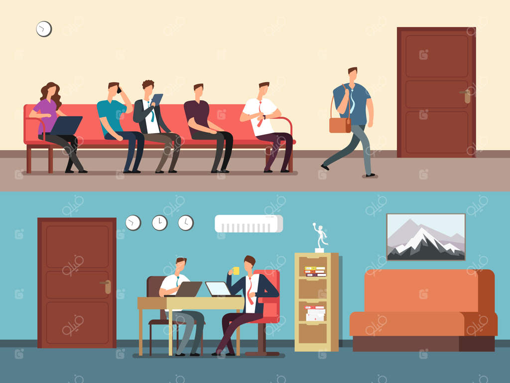 افراد تجاری و کارکنان منتظر مصاحبه، نشسته روی صندلی‌ها در صف