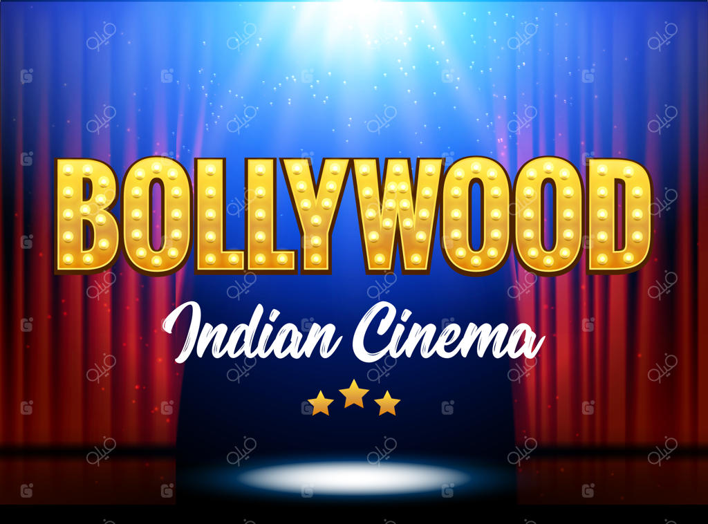 بنر فیلم‌های بالیوود و سینمای هند؛ طرح لوگوی درخشان همراه با صحنه و پرده نمایش