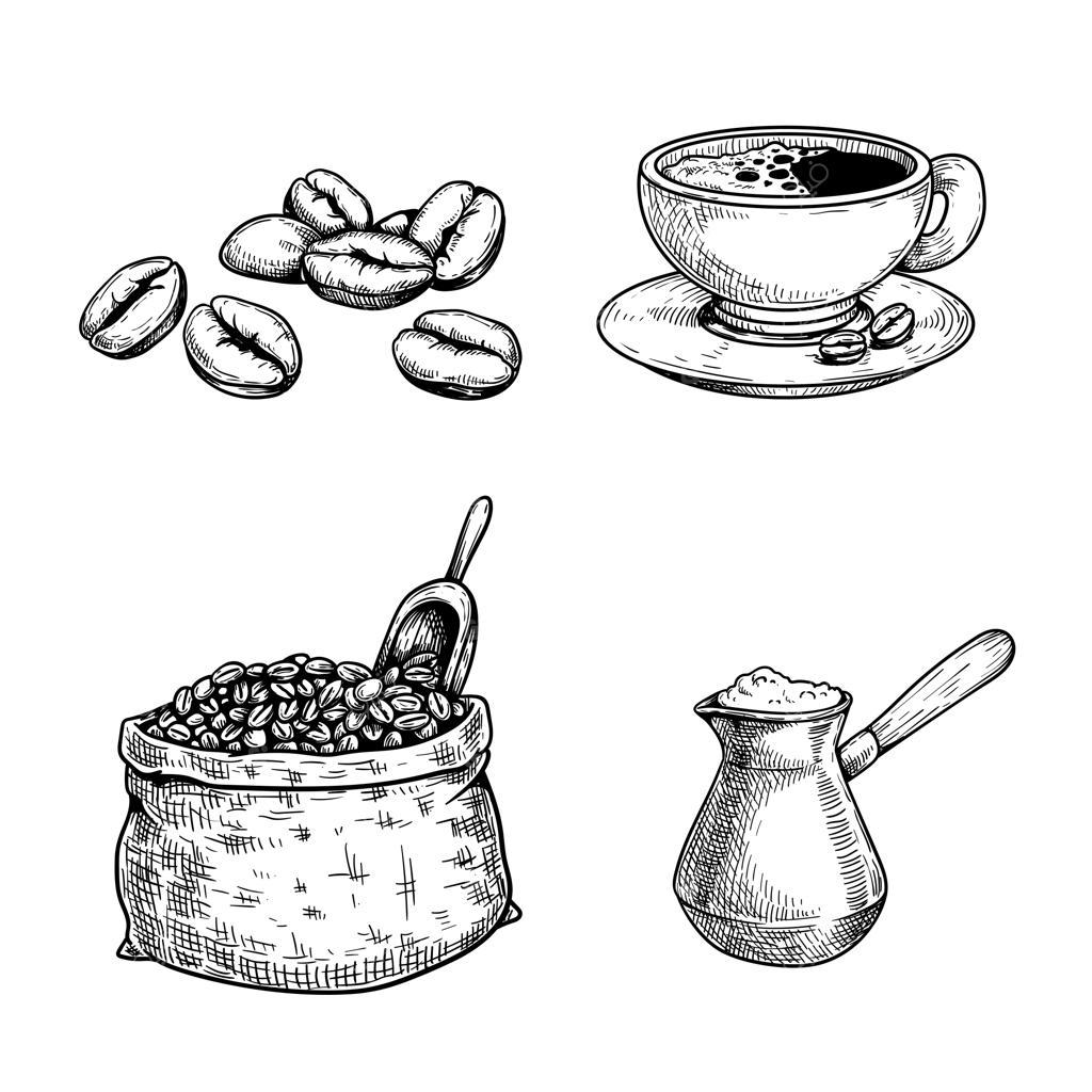 طرح دستی سرویس قهوه: دانه‌های قهوه، کیسه با قاشق، فنجان قهوه و جذوه ترک. نقاشی‌های دست‌ساز و منحصر به فرد.