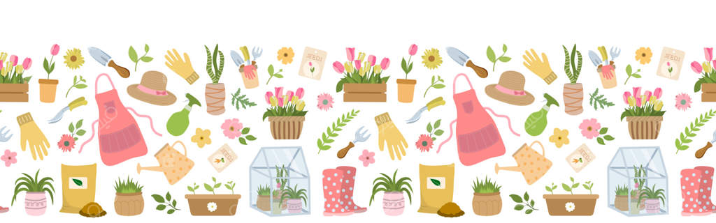 قاب افقی و یکپارچه با گل‌ها و ابزار باغبانی، لباس باغبانی. طراحی برای نوار چسب، کاغذ دیواری، پارچه، رنگرزی. وکتور حرفه‌ای
