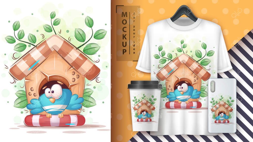 پرنده در خانه پرنده - شخصیت کارتونی بامزه. فرمت وکتور EPS 10