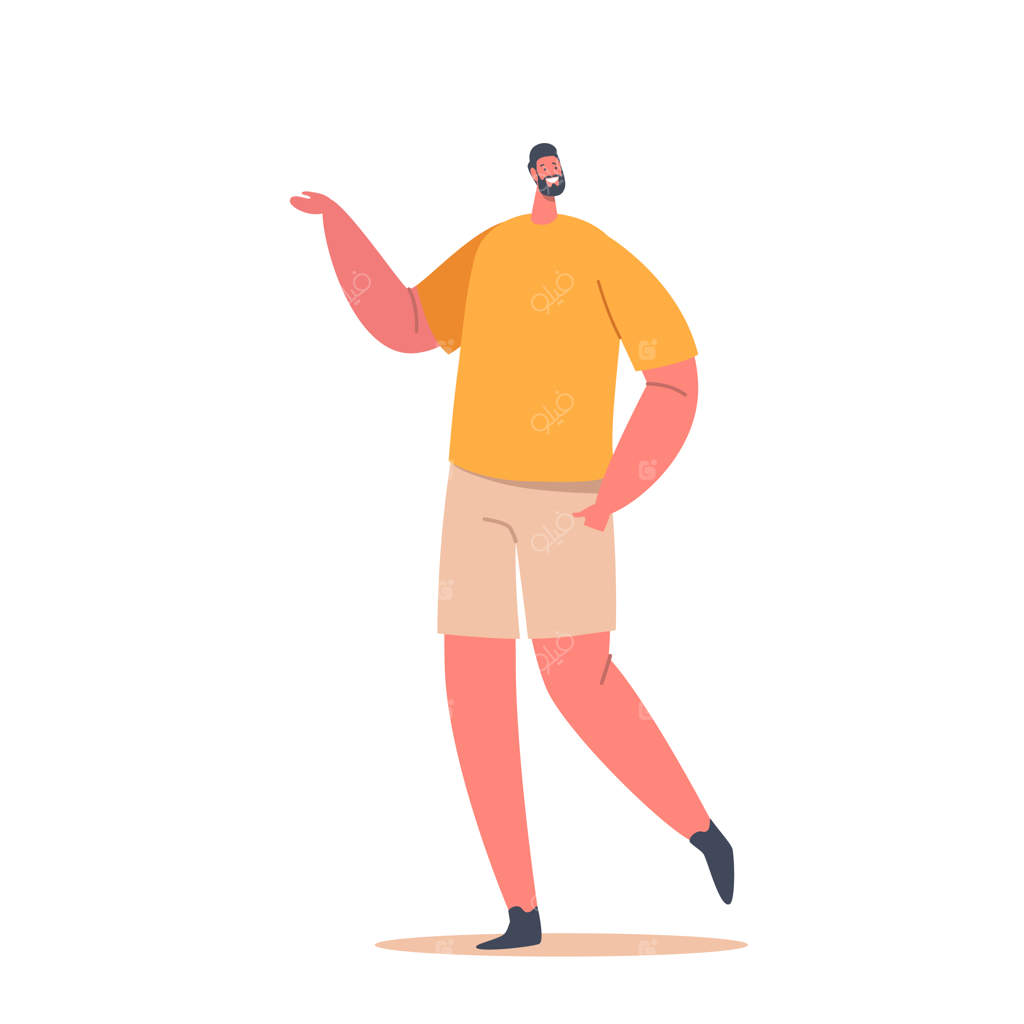 شخصیت مرد تنها با تی شرت زرد و شلوارک بژ بر روی پس زمینه سفید. مرد خوش‌پوش و مثبت‌اندیش