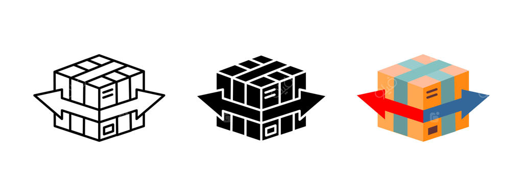 آیکون تحویل بسته: جعبه حمل و نقل با فلش‌هایی به نشانه لجستیک و جابجایی. تصویر پیک و ارسال بار. مفهوم خدمات پستی سریع و توزیع کالا.