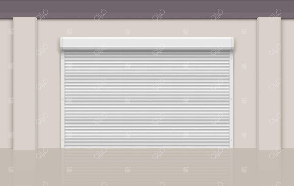 درب‌های کرکره‌ای گاراژ: دروازه‌های انبار خالی و تجاری با طراحی متالیک و واقع‌گرایانه در زمینه برداری