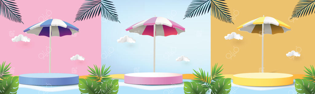 ماکت سه‌بعدی سکوی هندسی با مفهوم برگ‌های گرمسیری برای نمایش - پس‌زمینه زرد. صحنه مینیمال انتزاعی برای ارائه محصول در فصل تابستان با هنر کاغذی.