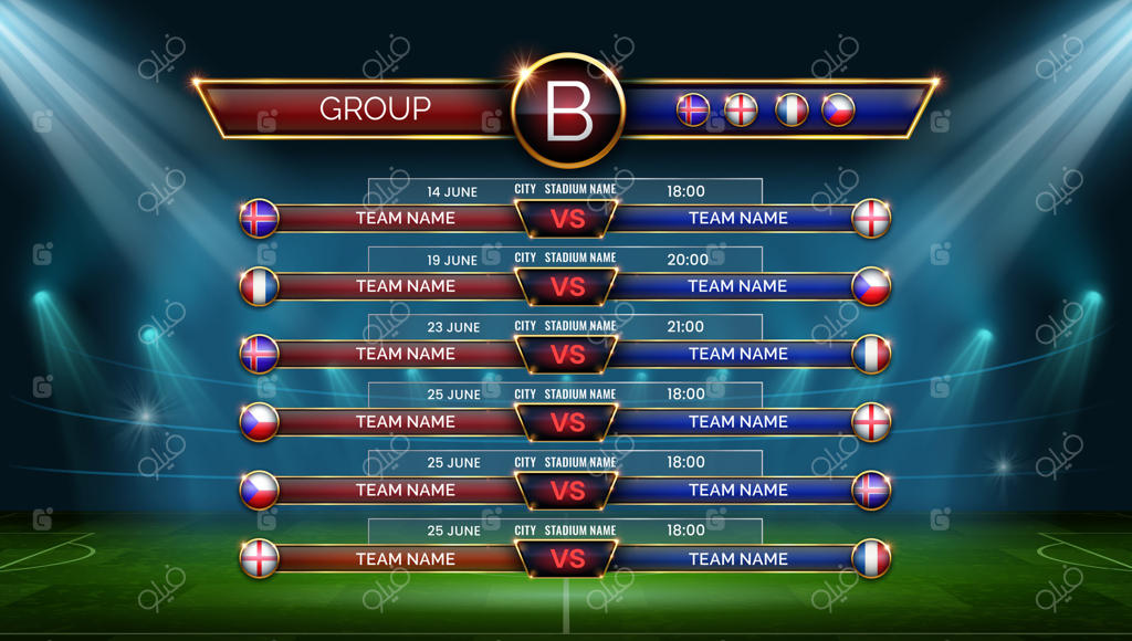 برنامه جام جهانی فوتبال: تقویم مسابقات مرحله گروهی. جدول زمان‌بندی با تاریخ، مکان و پرچم کشورها در استادیوم، قالب گرافیکی.