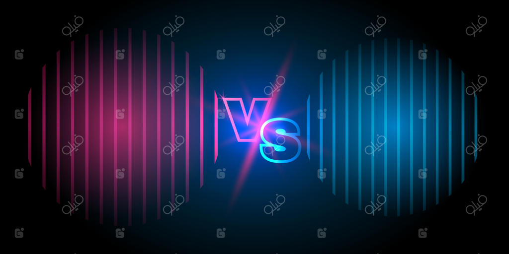 صفحه تقابل (Versus)؛ بنر رقابت، نبرد و مفهوم تیمی با پس‌زمینه انتزاعی و حروف درخشان، تصویرسازی وکتور.