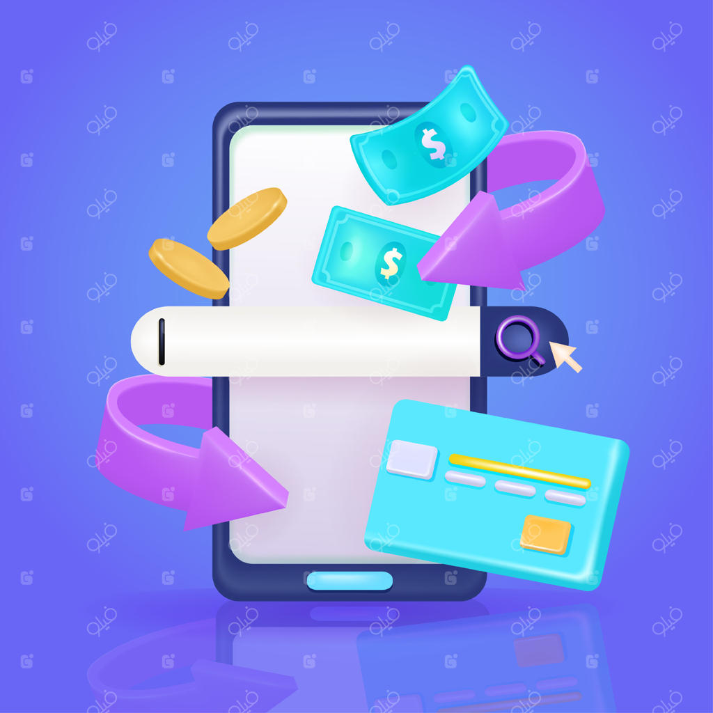 مفهوم بازگشت پول: گوشی هوشمند سه‌بعدی با اسکناس، سکه، کارت اعتباری، نوار جستجو و فلش‌ها در اطراف. بازگشت وجه برای خرید در فروشگاه‌های آنلاین، مناسب برای کسب‌وکارها