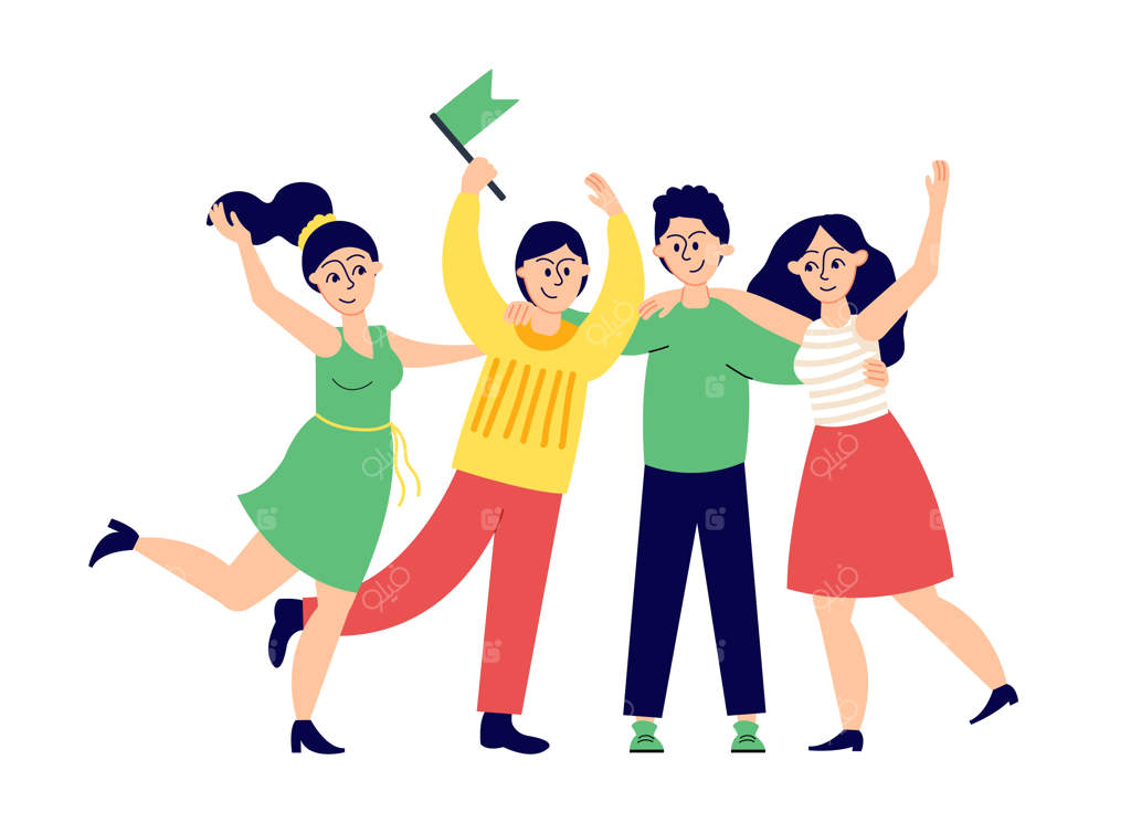 دوستی: دوستان خوشحال در کنار هم، تابستان زیبا، هواداران جوان، دختر و پسر در آغوش هم، تیمی خندان، شخصیت‌های وکتور