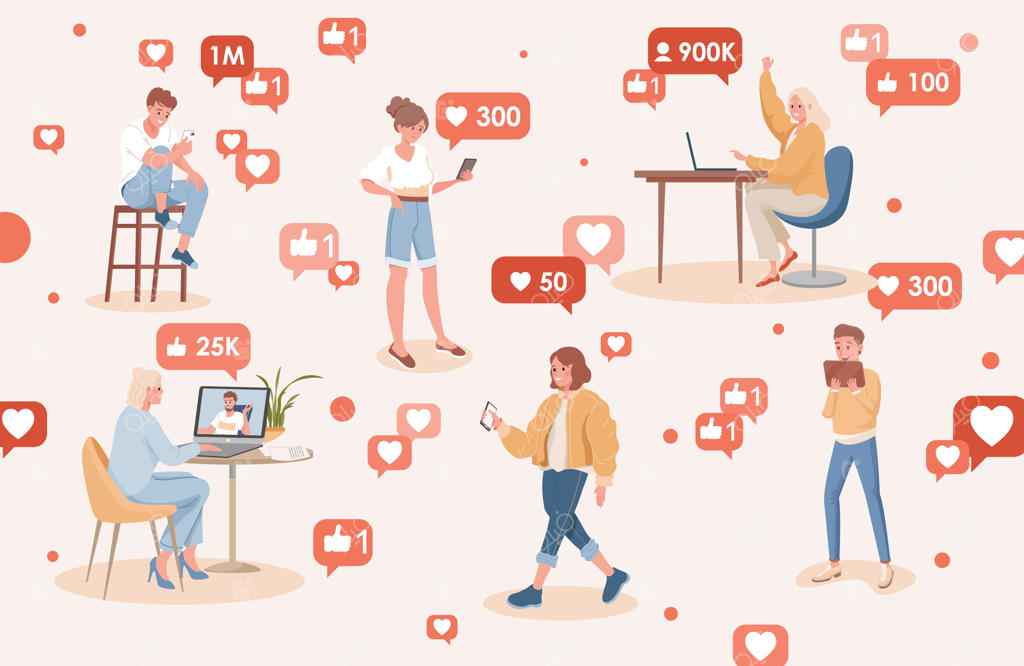 تصویرسازی تخت از افراد در حال استفاده از شبکه‌های اجتماعی. مردان و زنان خوشحال در حال کسب مخاطبان و لایک‌های اینترنتی.