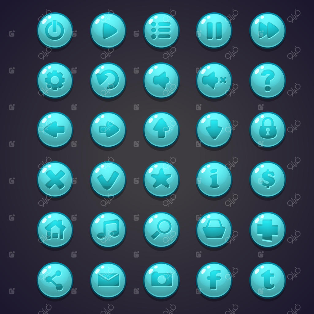 مجموعه‌ای از دکمه‌های گرد آبی برای رابط کاربری بازی‌ها و طراحی وب