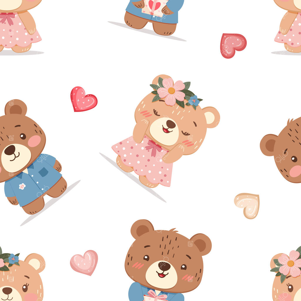 پترن زیبا با خرس‌های عروسکی و قلب‌ها روی زمینه سفید