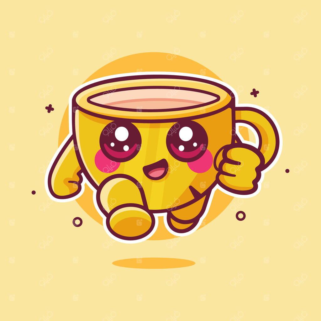 شخصیت کارتونی لیوان قهوه شاد در حال دویدن