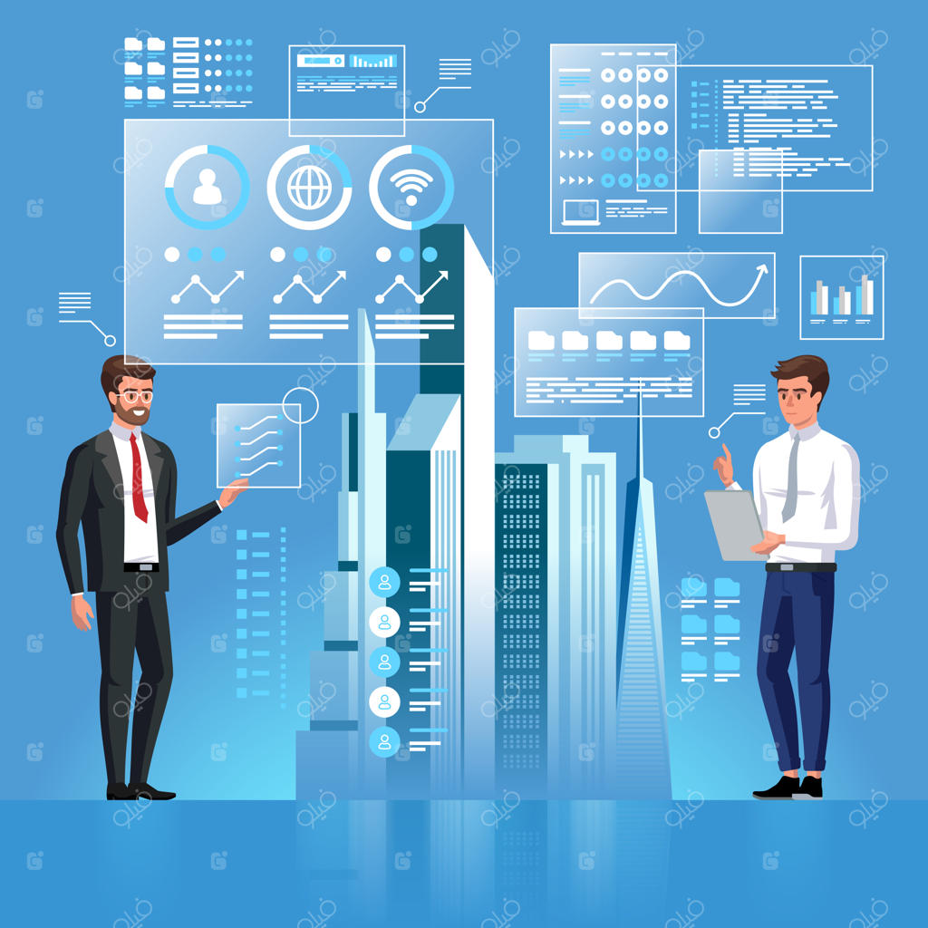 دو تاجر در حال توسعه پروژه‌ای برای شهر هوشمند با استفاده از رابط مجازی و هوش مصنوعی هستند.