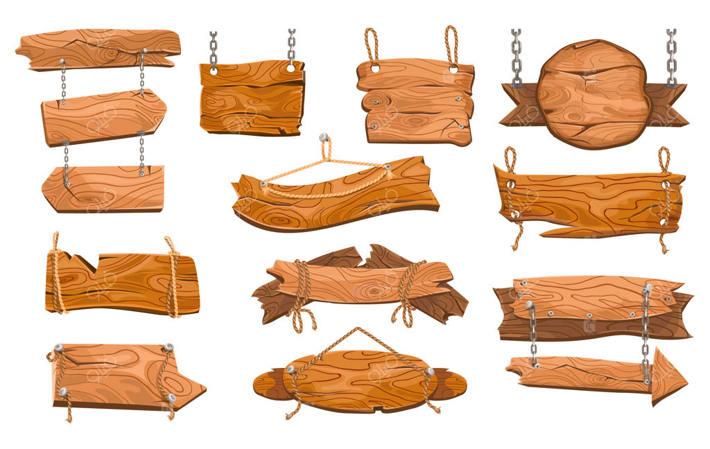 تابلو چوبی کارتونی قدیمی با طناب و زنجیر، آگهی چوبی کلاسیک برای بازی و طراحی وکتور