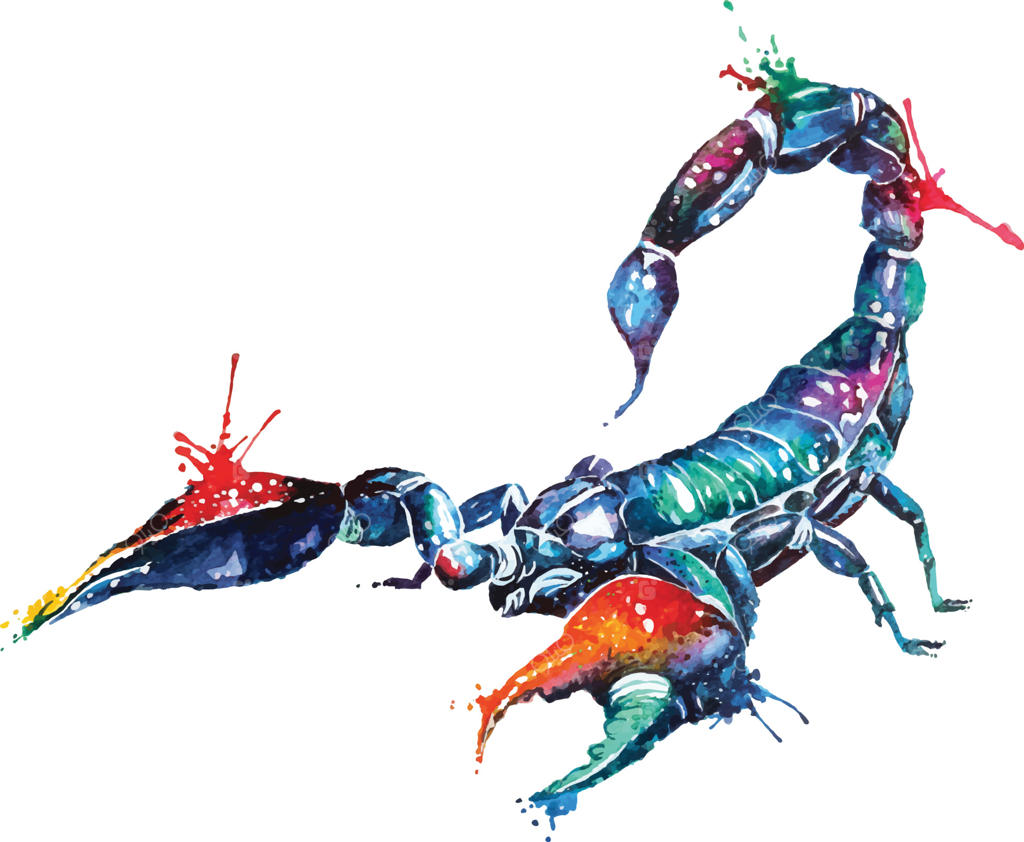 نقاشی آبرنگی عقرب با سبک فانتزی و عجیب؛ نماد برج عقرب در طالع‌بینی و جانوری سمی و خطرناک
