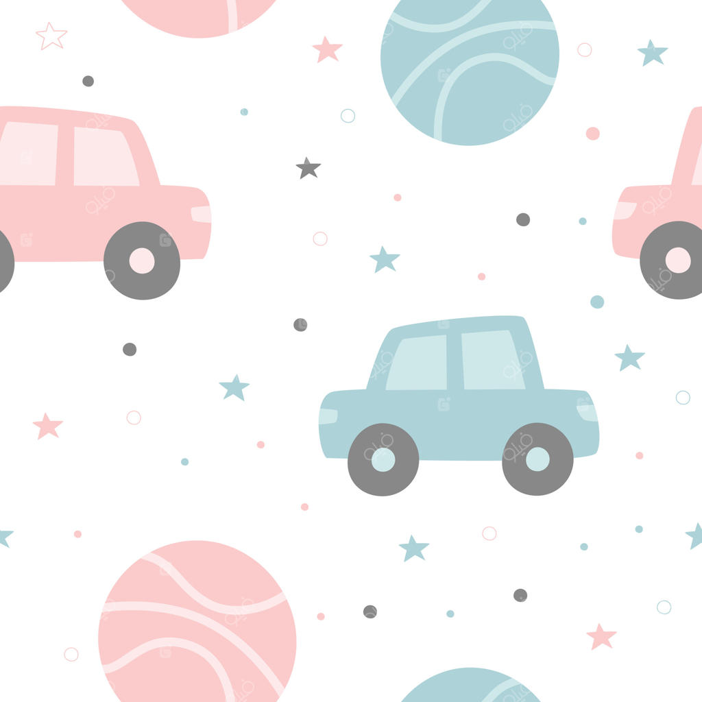 مجموعه‌ای از الگوهای پیوسته برای پسر بچه‌ها با عناصر صورتی و آبی ملایم، ماشین‌ها، توپ‌ها و ستاره‌ها - مناسب برای طراحی اتاق نوزاد، پارچه یا لوازم‌التحریر