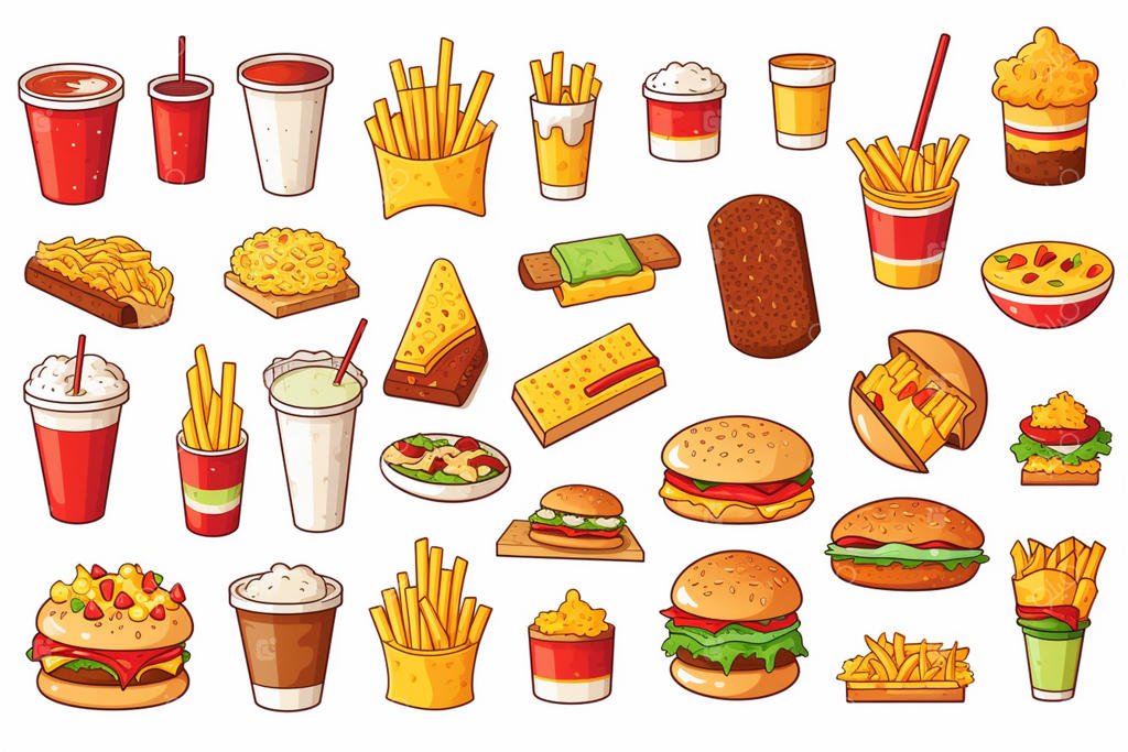نقاشی کارتونی انواع غذا شامل سیب‌زمینی سرخ‌کرده و نوشابه