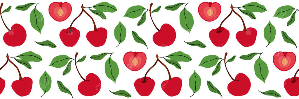 پترن بی‌درز با گیلاس، کامل و برش‌خورده نشان‌دهنده هسته. پس‌زمینه باغ بهاری. ایده‌آل برای پارچه، منو، بسته‌بندی و طراحی آشپزخانه. تصویرسازی ساده.