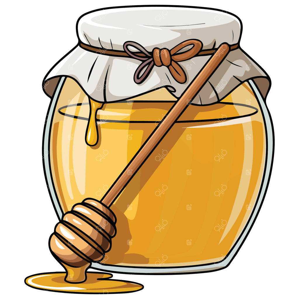 عسل‌دان با قاشق چوبی و زنبور، تصویرسازی روی پس‌زمینه سفید